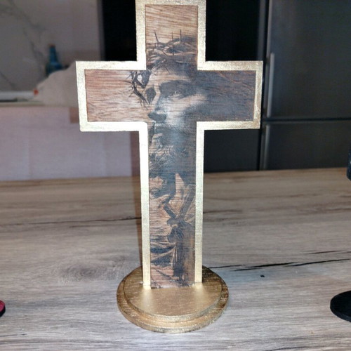 Wooden Cross with Jesus Christ Engraving, New