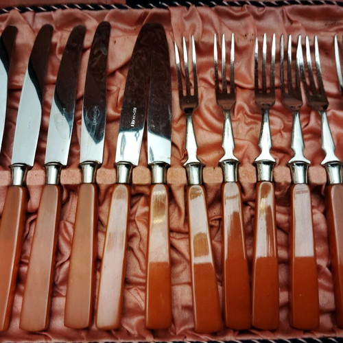 Vintage Art Deco fruit cutlery set used, 1930's