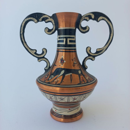 Set of 5 old copper amphora miniatures like new, handmade Greek