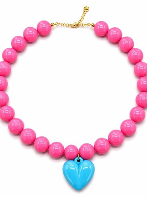Necklace with Pink Acrylic Beads and Blue Heart Pendant, New