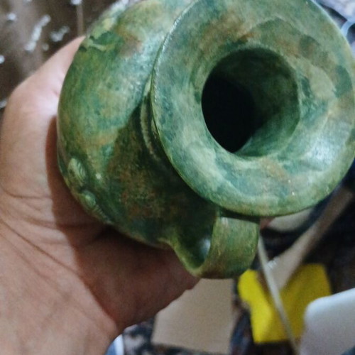 Ceramic amphora with green patina, handmade, used