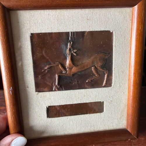 Copper embossed artwork used, vintage 1970 with deer in wooden frame