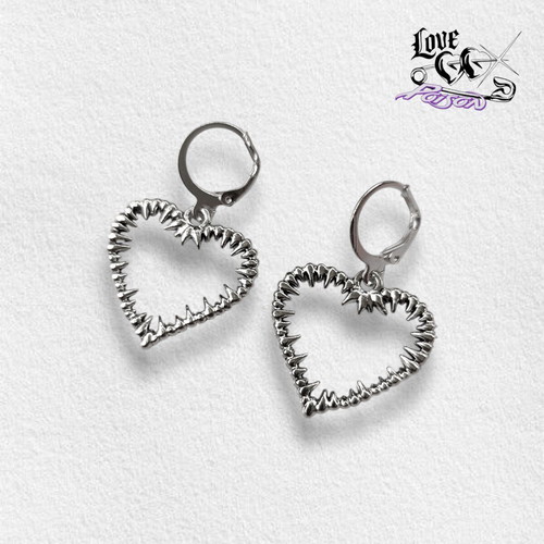 Love X Poison Handmade Stainless Steel Silver Hoop Earrings with Spiky Heart Charms new