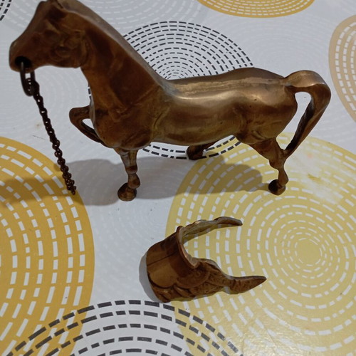 Vintage bronze horse with removable saddle and chain