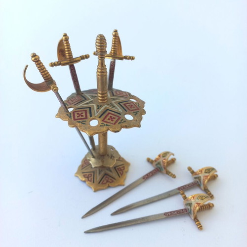Vintage brass sword cocktail toothpick set like new