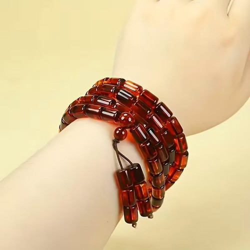 Mala necklace and bracelet unisex, natural amber and bloodstone, 80 cm