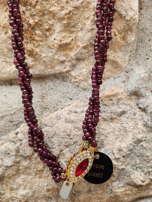 Vintage multilayer necklace with genuine garnet and gold-plated clasp