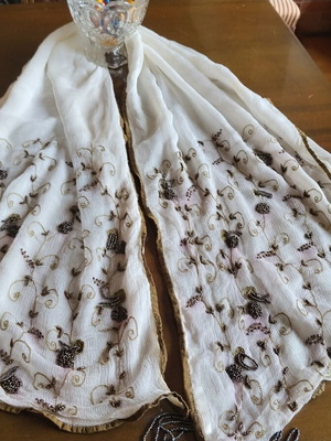 Soufli Silk Tsevres Table Runner embroidered with gold thread and beads used