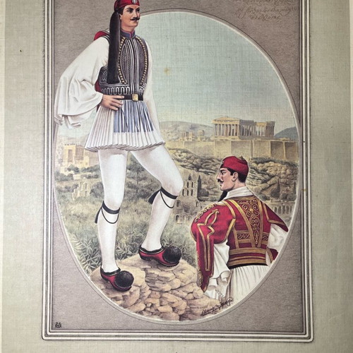 Vintage lithograph Evzone & Officer like new