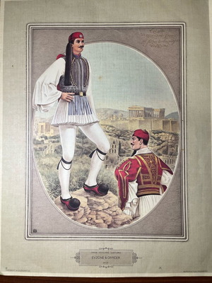 Vintage lithograph Evzone & Officer like new