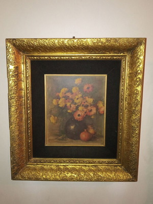 Oil painting still life with flowers and pomegranates, vintage