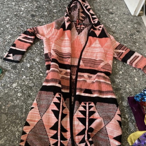 Handmade cardigan like new, bright pink with geometric Aztec patterns