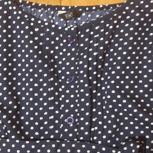 Polka dot romper with integrated belt, white and blue, size L