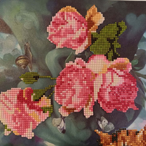 Diamond painting Cat with Flowers complete, like new, canvas 30x40