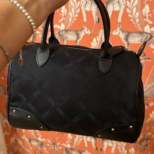 Longchamp all black handbag like new with jacquard monogram and leather details