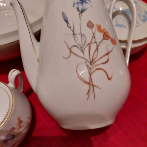 Bohemian porcelain teapot and sugar bowl like new, white with gold trim and floral design