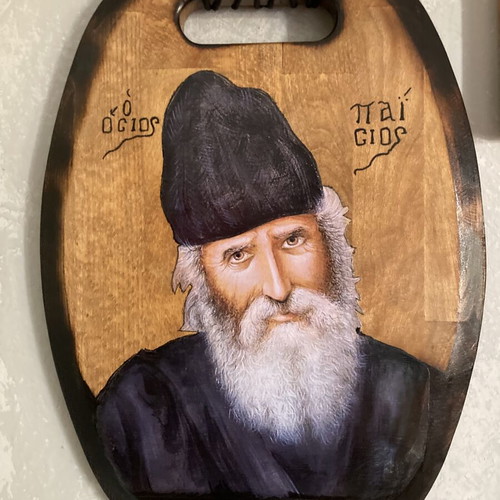 Saint Paisios image silk screen on wooden cutting board