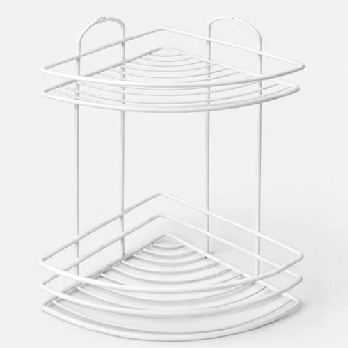 White corner bathroom shelf with 2 tiers and 2 hooks 19x19x34.5 cm