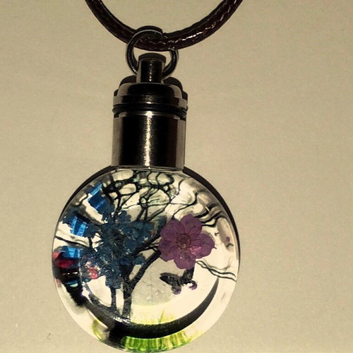 Pendant necklace faux bizou tree butterfly new, blue and purple