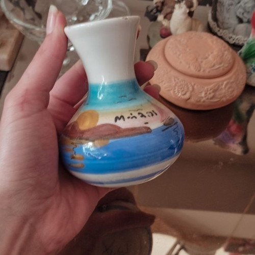 Small decorative ceramic vase with painted Milos landscape like new
