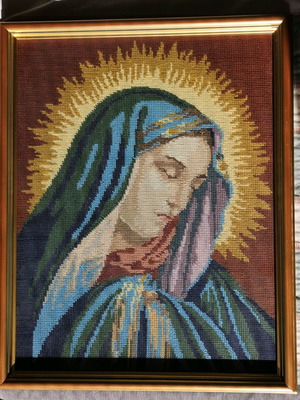 Handmade embroidery of Panagia in frame with glass like new