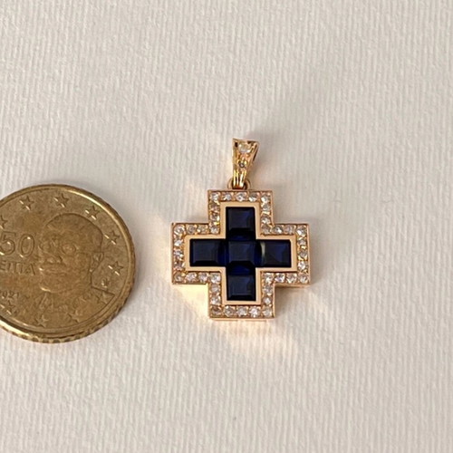 Gold cross k18 like new with diamonds and sapphires