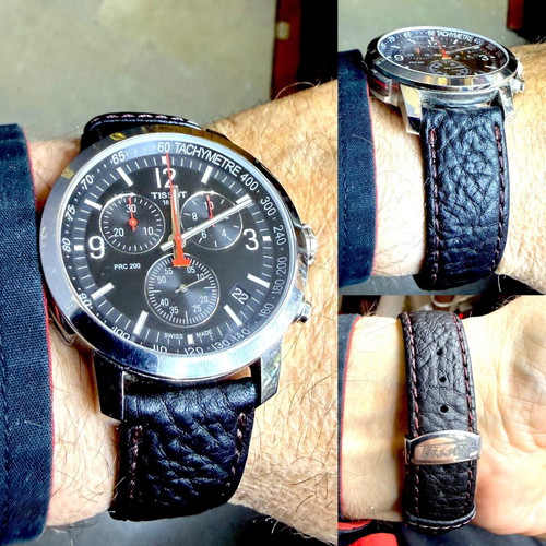 Tissot PRC 200 chronograph watch, black dial, leather strap