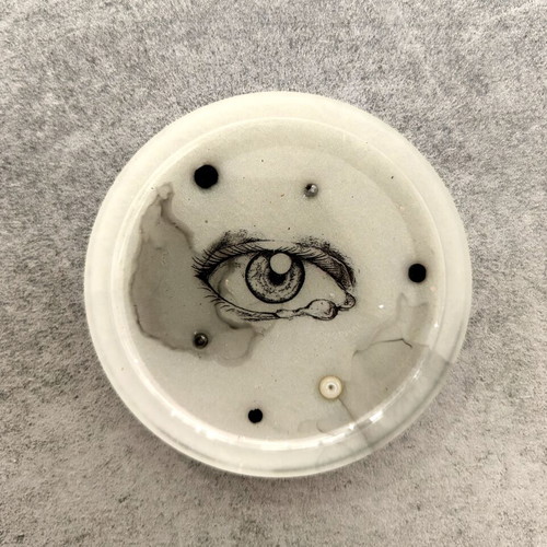Artsy coaster with eye design and real ink illustration, like new