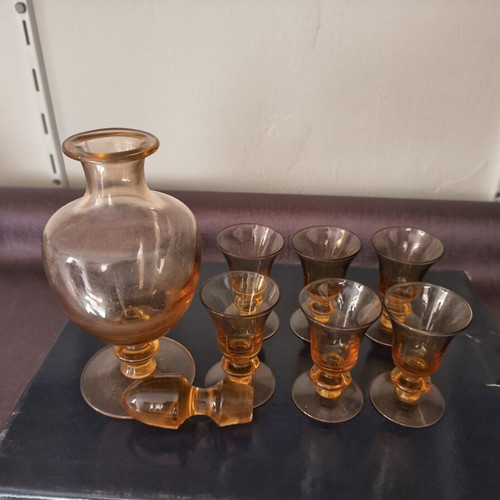 Vintage amber glass drink set with decanter and 6 glasses, 1970s