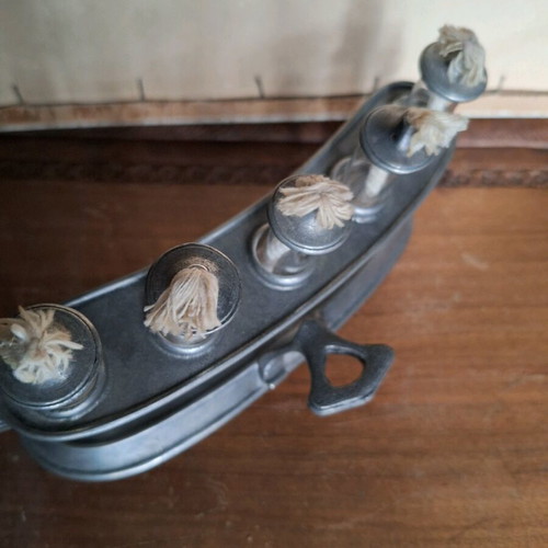 Decorative candle holder used, tin with 5 glass wick holders