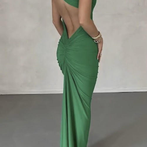 Shein long green evening dress with open back, size M