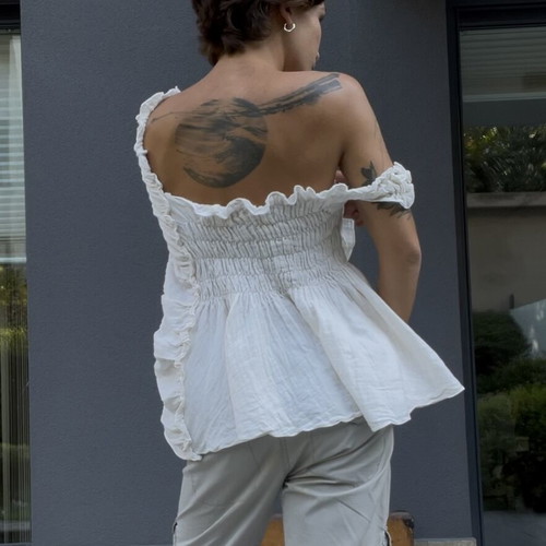 Maison Mume Handmade Asymmetric Off-Shoulder Ruched Top like new, cotton linen mix
