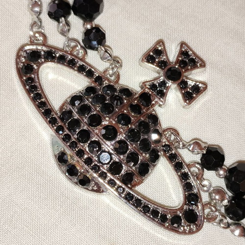 Vintage Y2K 3-Layer Pearl Saturn Necklace, black and silver