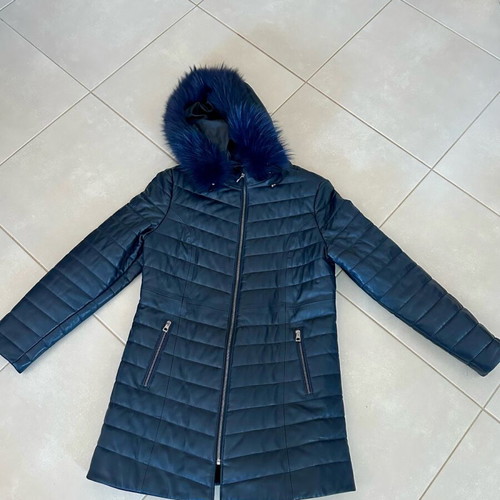 Leather 100% coat with hood like new, blue