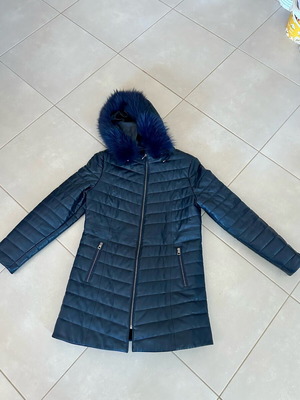 Leather 100% coat with hood like new, blue