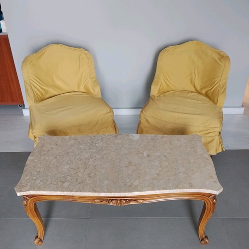 Louis Quinze Walnut Seating Set like new with covers and piping
