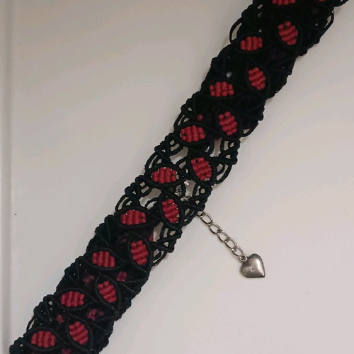 Handmade macrame choker new, black with red cherry leaves