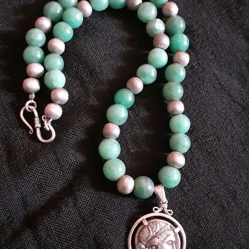 Silver pendant necklace used, replica of Theban coin with aventurine