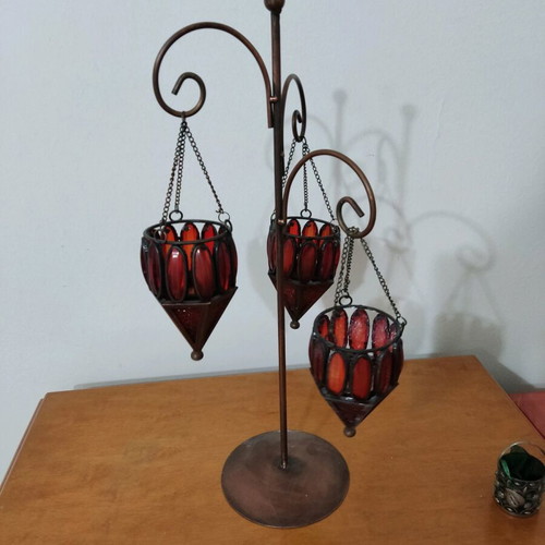Copper candle holder for tealight table use like new with three hanging holders