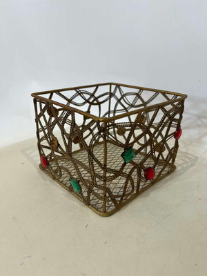 Vintage metal basket used, gold color with multicolored stones 10x13x13