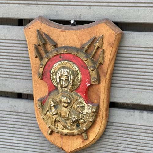 Nautical Religious Shield Panagia Vrefokratousa used, wooden base 23.5 cm