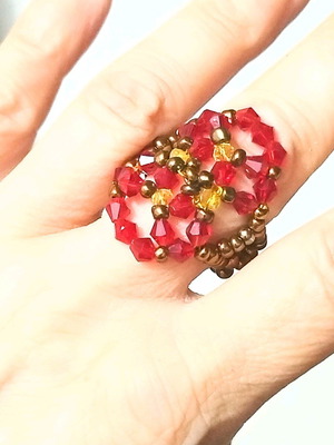 Handmade ring with beads new, size 22, red and gold