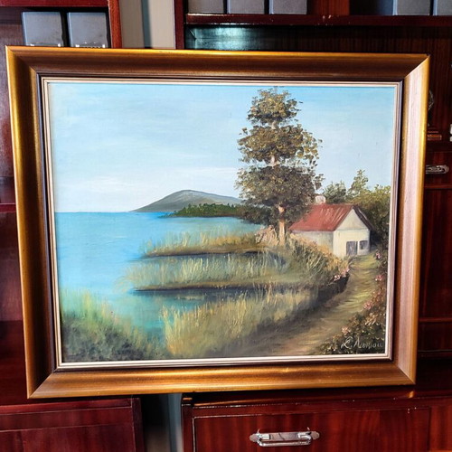 Oil painting on canvas signed by S. Loukisa, used, 70×60 cm with frame