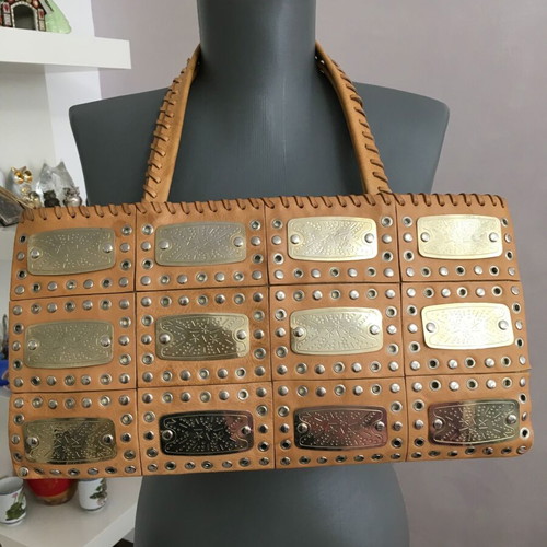 Francesco Biasia tan leather shoulder bag with brass plates