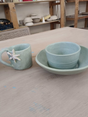 Ceramic set with bowl, plate, and cup satin matte finish like new