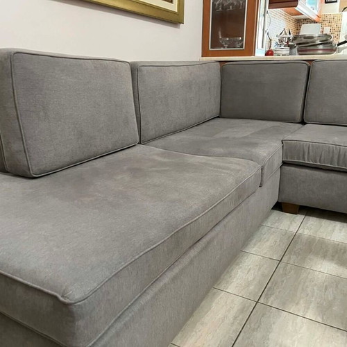 Handmade corner sofa cherry wood 2.35x1.70 like new, gray fabric