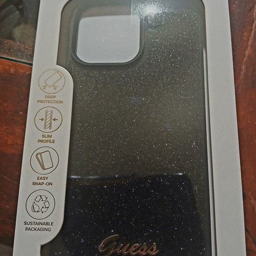 Guess Glitter Flakes phone case for iPhone 16 Pro Max, black gold