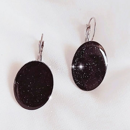 Handmade steel oval earrings with black iridescent liquid glass new