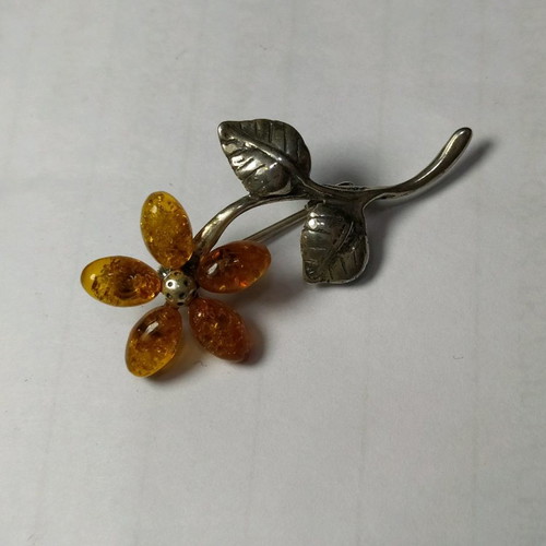 Flower brooch silver 925 with real amber new