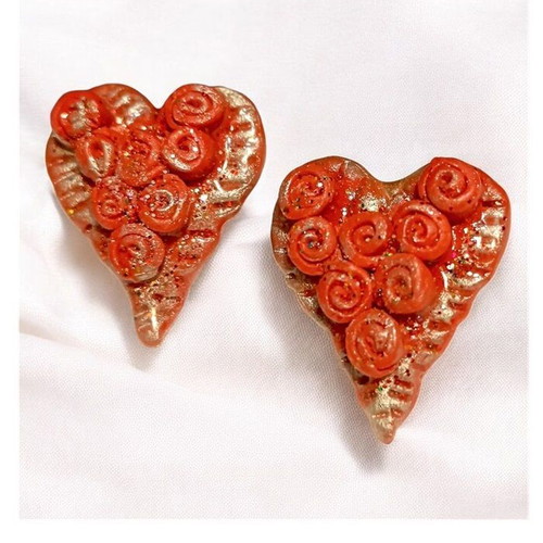 Handmade heart earrings with maroon roses new